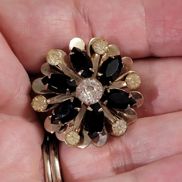 Art Nouveau Floral Black & Clear Rhinestone Vintage Brooch Pin - Picture 2 of 5